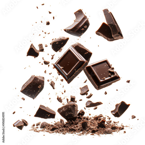 Chocolate Explosion: A visually captivating display of dark chocolate fragments and cocoa, exploding in mid-air. A high-angle shot, showcasing the dynamic textures of a culinary delight.