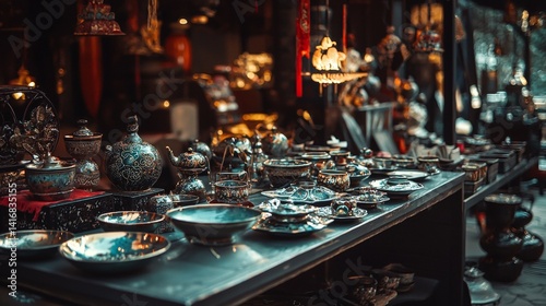 Colorful Moroccan market scene with ceramics