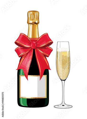 A bottle of champagne with a red ribbon tied around it and a glass of champagne next to it