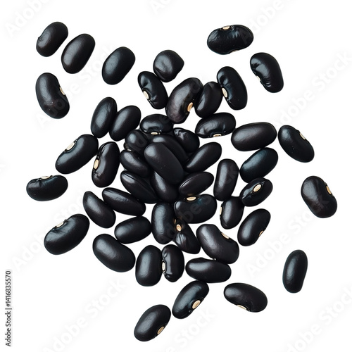 Black beans, black turtle bean,  scattered showcasing their shiny texture and rich color. isolated on white background and transparent background