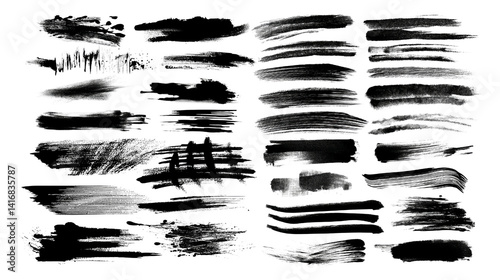 Set of black hand drawn grunge, brush strokes isolated on transparent background.