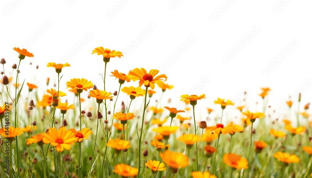 Fototapeta premium Vertical watercolor painting of orange wildflowers in a field, centered on the edge, leaving white space, border, bloom