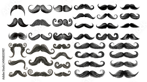 Set of Black mustache isolated on transparent background.