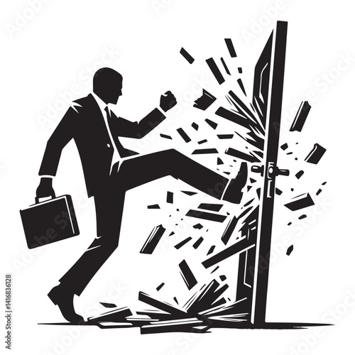 Businessman Kicking Door Down Silhouette Vector Illustration