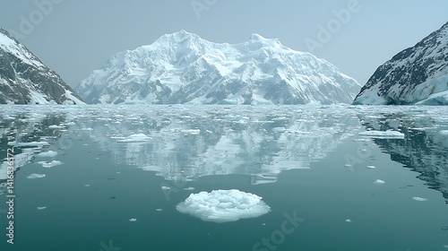 Glacial reflection in arctic waters, showcasing icy mountains.