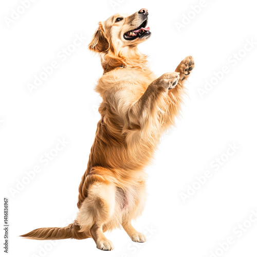 Golden Retriever Pawing Up: A playful Golden Retriever stands on its hind legs, pawing excitedly towards the camera, radiating pure joy and enthusiasm. Its golden fur shines under the studio lights.