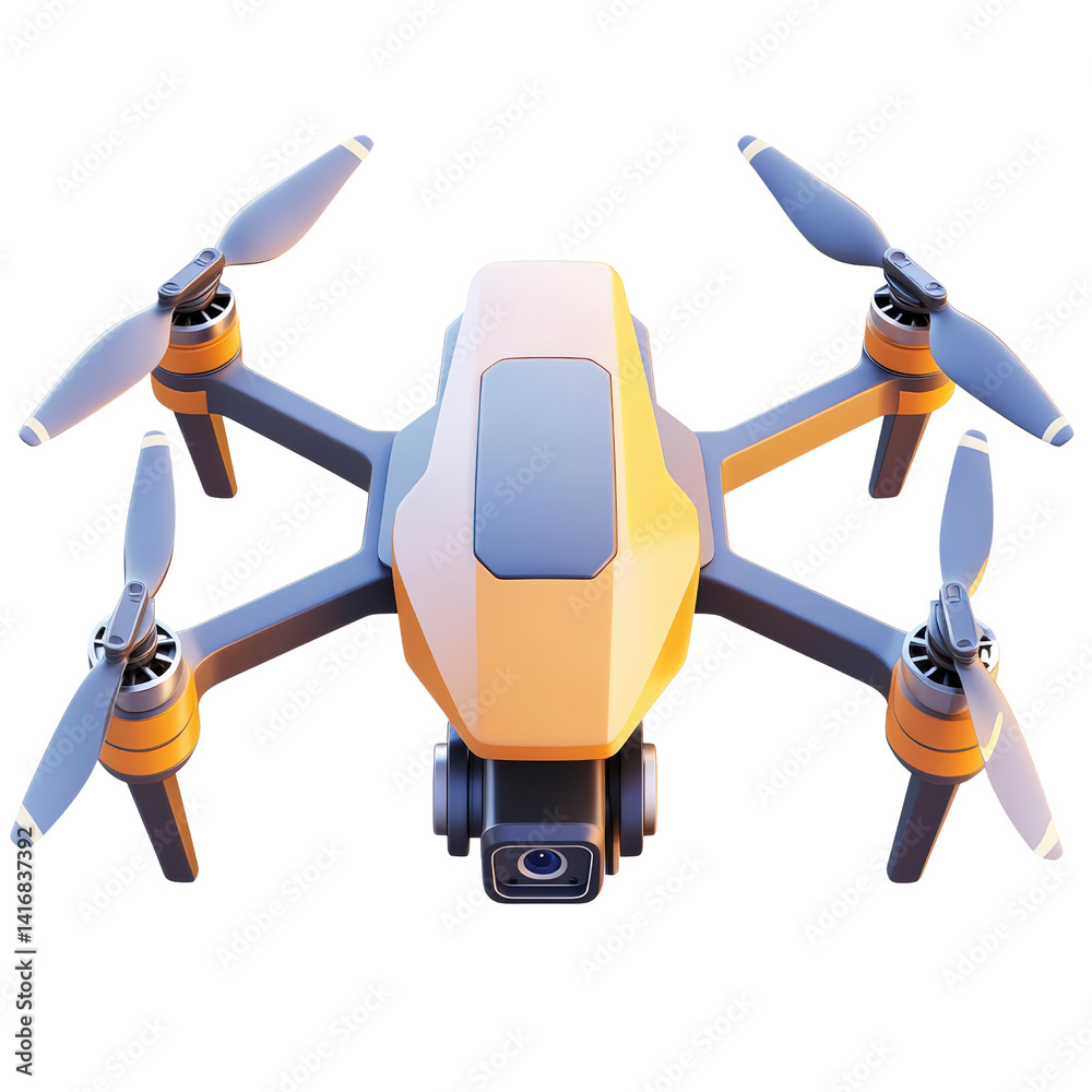 Modern Aerial Perspective: A cutting-edge drone poised for flight, embodying technological innovation with its sleek design, dynamic form, and advanced camera