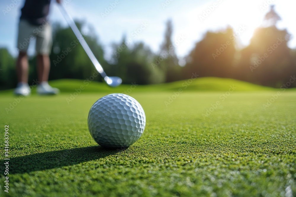 Obraz premium A golfer preparing to putt a ball on a vibrant green golf course, with a shallow depth of field highlighting the ball.