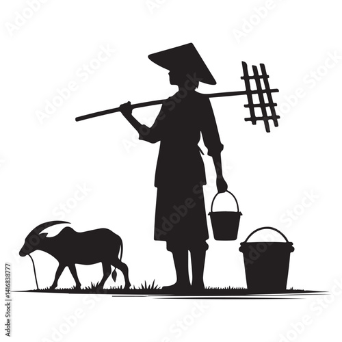 Silhouette Farmer with Buffalo Illustration Depicting Agriculture and Rural Life