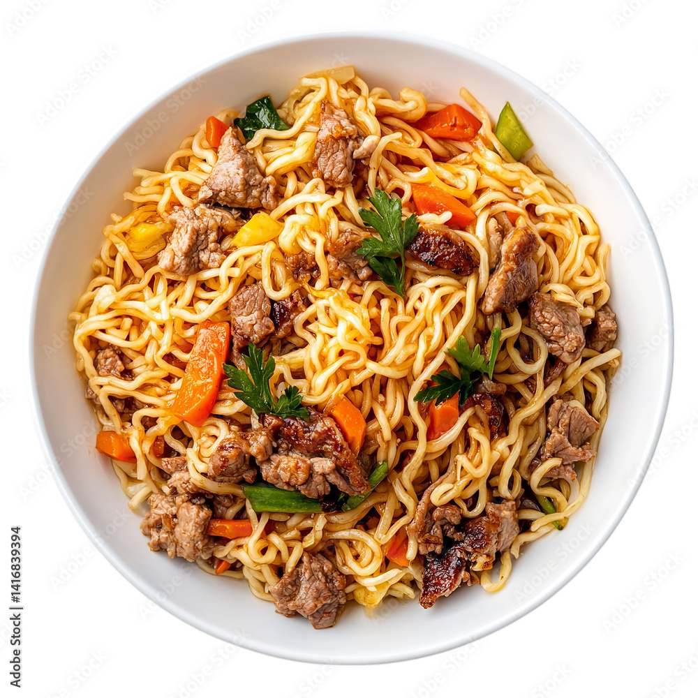 Delicious beef noodles bowl with vegetables and sauce for asian food lovers and anyone hungry now Delicious beef noodles bowl with vegetables and sauce for asian food lovers and anyone hungry now
