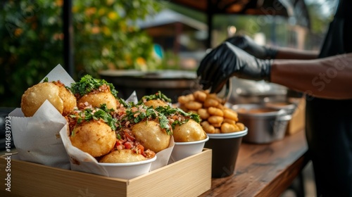 Pani Puri served with hygienic gloves and paper cups, promoting safe street food practices,