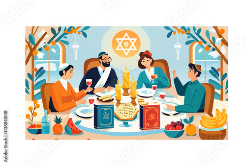 Jewish Family Celebrating Passover with Traditional Seder Meal
