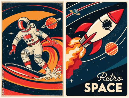 Astronaut in space retro Poster, background, cover. Space and the universe concept. Cosmonaut in spacesuit surfing between planets. Vintage style vector colorful illustration.