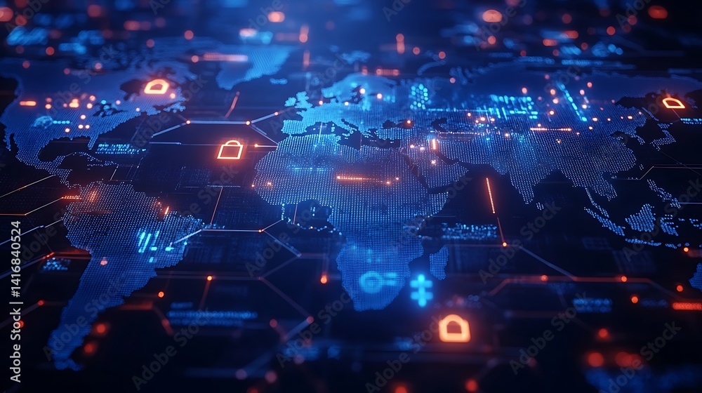 Digital World Map with Cybersecurity Icons, Digital world map with cybersecurity icons, glowing blue and orange Digital World Map with Cybersecurity Icons, Digital world map with cybersecurity icons, glowing blue and orange