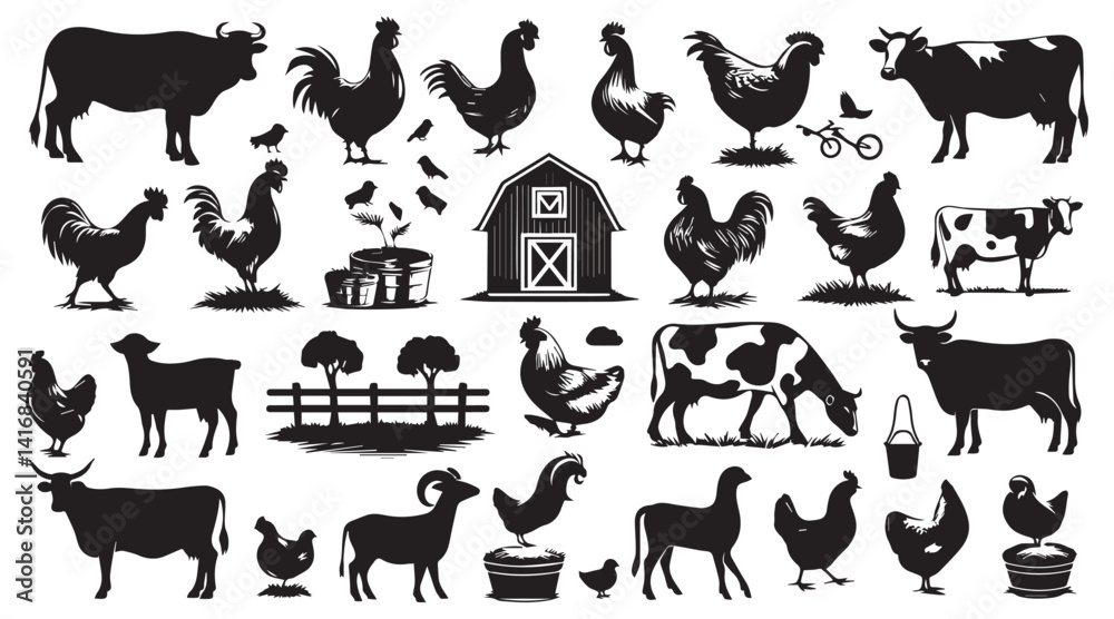 Obraz premium Farm Animal Silhouettes Collection – Livestock, Poultry, Tractor, and Rural Elements Vector Set on white background