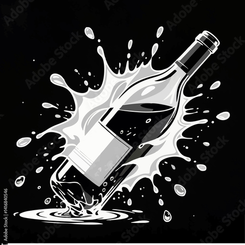 Illustration, Water, Coming, Out, Burst, Bottle, Wine, Splash, Liquid, Motion, Dynamic, Art, Vector, Abstract, Creative, Glass, Explode, Flow, Realistic, Concept, Surreal, Droplet, Spill, Black and Wh