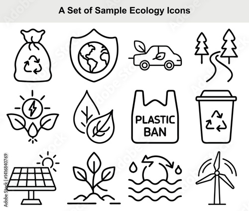 Ecology Icon Set in Line Art Eco Car, Recycle Bin, Solar Panel & Plastic Ban