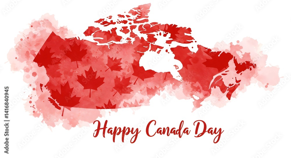 Artistic watercolor map of Canada in red with maple leaf details and a greeting for Happy Canada Day