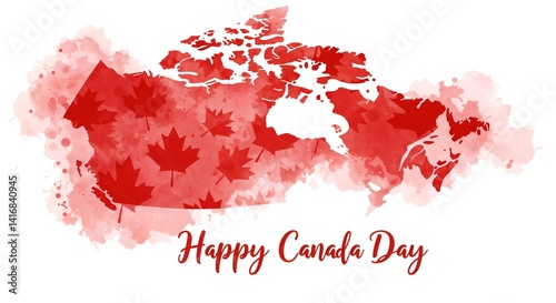Obraz na płótnie Artistic watercolor map of Canada in red with maple leaf details and a greeting for Happy Canada Day w salonie