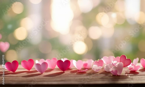 Wallpaper Mural Pink hearts on a wooden table against a light defocused bokeh background. Love, Valentine's Day concept Torontodigital.ca