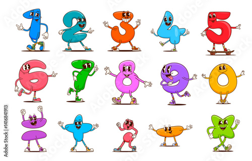 Math number groovy characters, vector funny kids mathematics and education personages. Cartoon retro math symbols and digits with happy smiling faces. Psychedelic groovy numbers from zero to nine