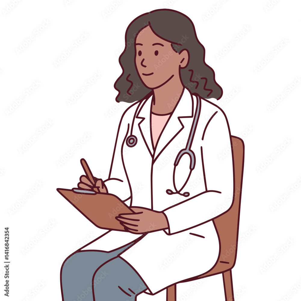 Dark-skinned female doctor sits and writes on clipboard. Professional and calm woman physician focused on patient care and documentation in clinic setting Dark-skinned female doctor sits and writes on clipboard. Professional and calm woman physician focused on patient care and documentation in clinic setting