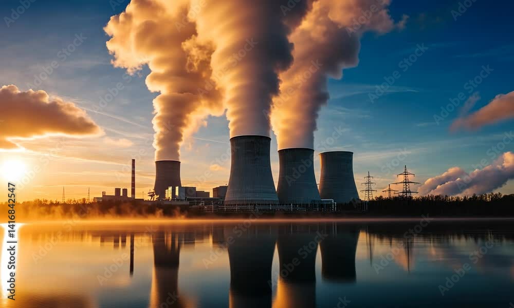 power plant with towering cooling towers, steam rising into the sky, industrial atmosphere, detailed and dramatic background power plant with towering cooling towers, steam rising into the sky, industrial atmosphere, detailed and dramatic background
