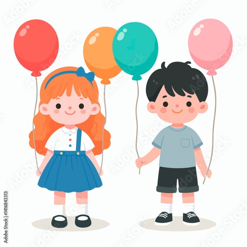 Two cheerful children holding colorful balloons, smiling 