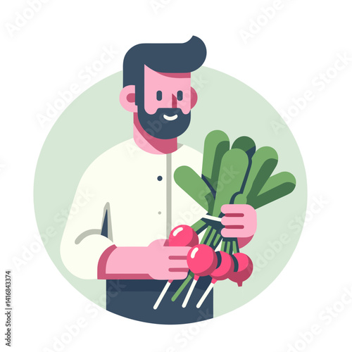 Happy man holding fresh radishes with greens, smiling, simple background, copy space