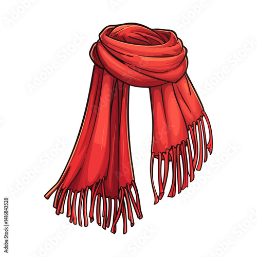 Warm Red Winter Scarf with Fringes Cozy Accessory Illustration