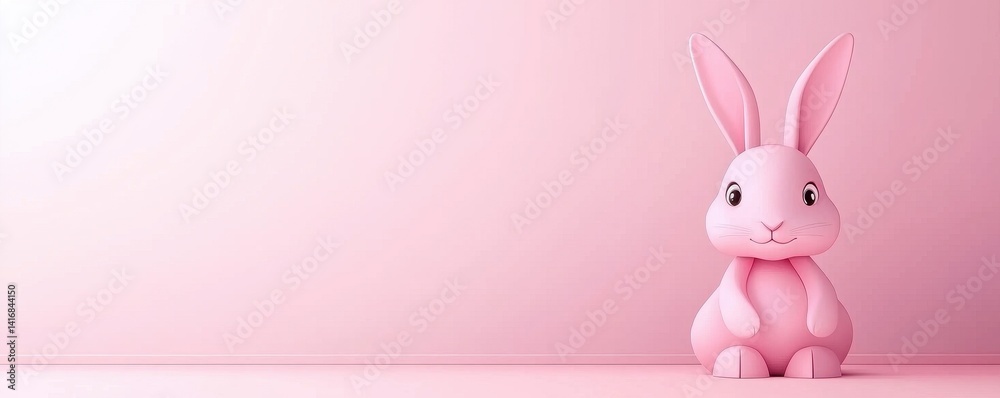 Obraz premium Adorable Pink Bunny Rabbit Sitting on Pink Background Easter Spring Cute Cartoon Animal
