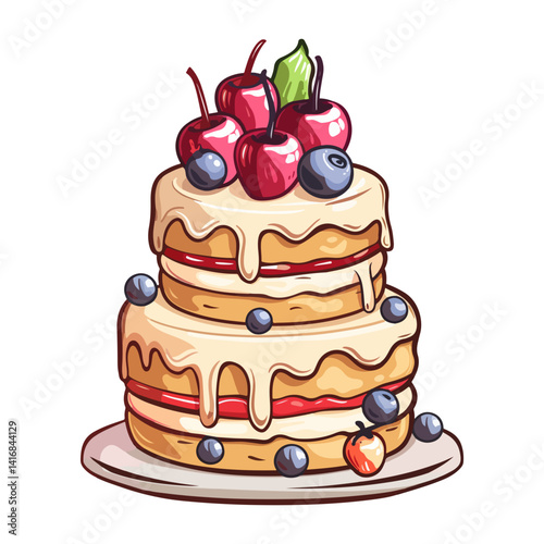 Delicious Two-Layered Cake with Cherries and Blueberries