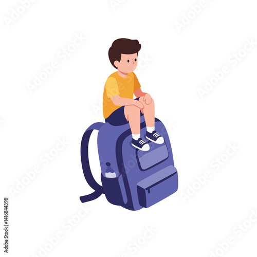 Young boy sitting on large blue backpack wearing orange shirt and sneakers flat style vector illustration