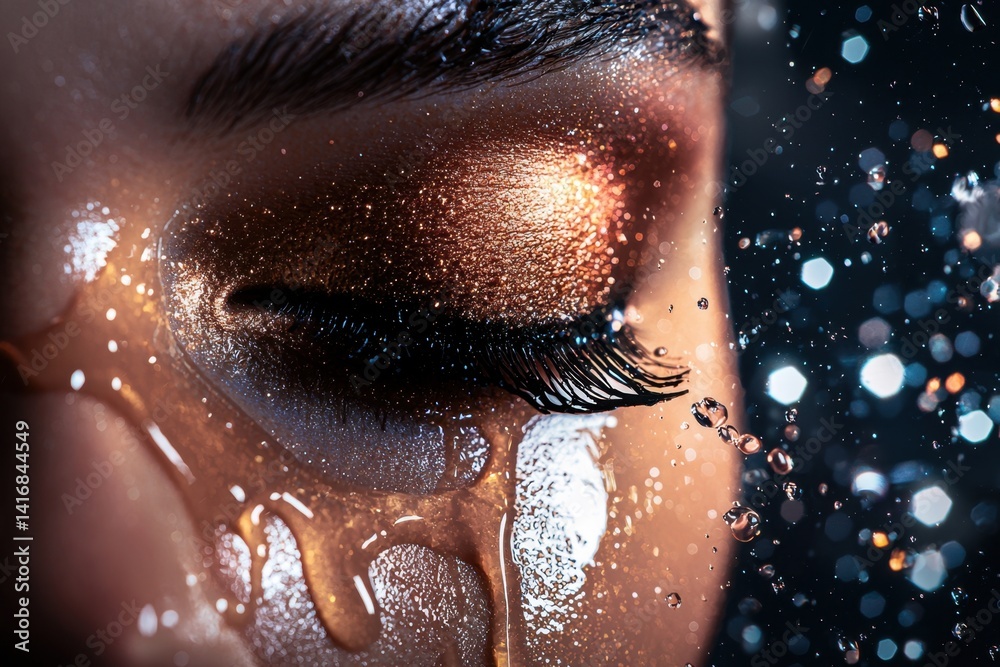 Glossy eyelids makeup tutorial for a stunning wetlook effect in a beauty studio captivating close-up with shimmering eye reflections and dramatic water elements