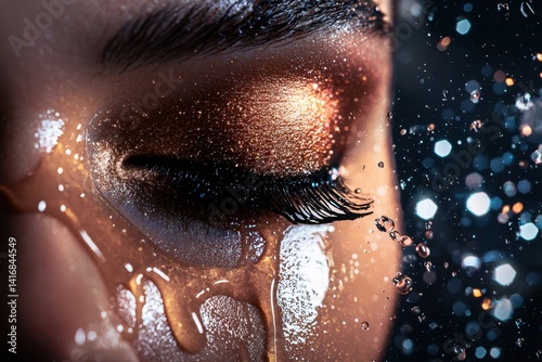Obraz na płótnie Glossy eyelids makeup tutorial for a stunning wetlook effect in a beauty studio captivating close-up with shimmering eye reflections and dramatic water elements w salonie