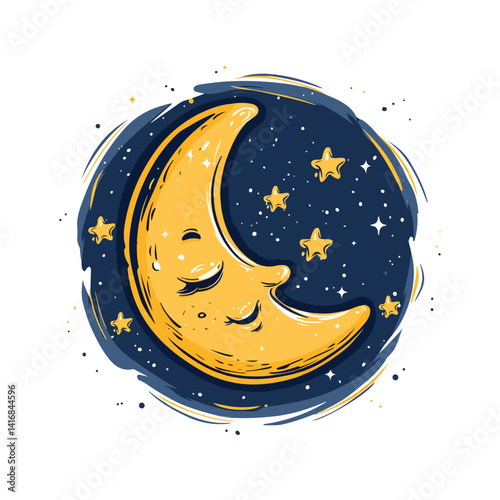 Cute Sleeping Moon and Stars Night Sky Illustration