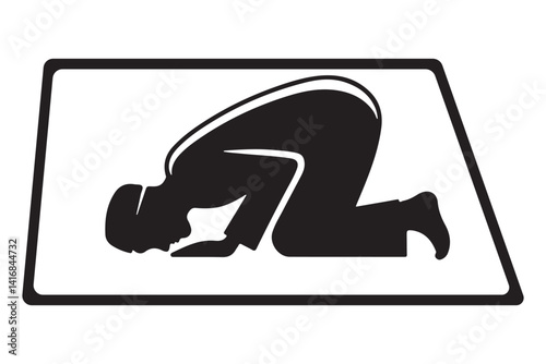 Muslim man prostrating in prayer silhouette illustration with prayer mat