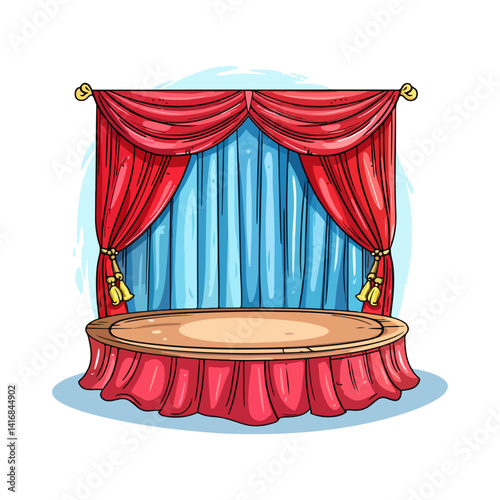 Elegant Stage Design Red Curtains, Round Platform, Blue Backdrop