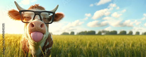 Funny cow with tongue out and eyeglasses posing like a character for advertising. farm animal humor with copy space for banner or marketing use