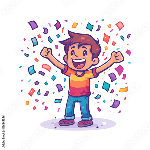 Joyful Boy Celebrating Success with Confetti Explosion