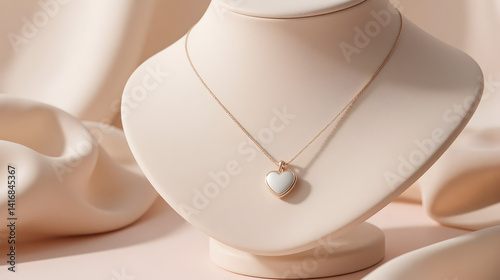 Close-up of heart pendant necklace on velvet stand with pastel tones and soft metal glow - Mother's Day