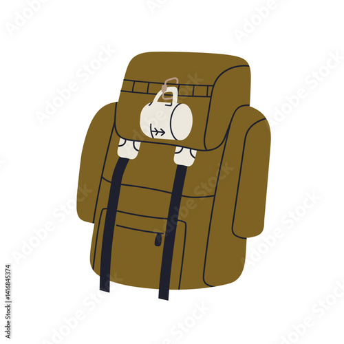 Hiking backpack. Camping rucksack, adventure and travel bag. Trekking baggage, haversack with mug. Back pack, touristic package with pockets. Flat vector illustration isolated on white background