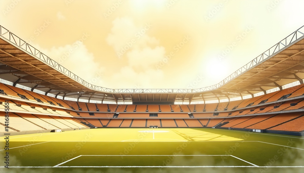 Watercolor stadium illustration with a sunny atmosphere for sports journalist day celebration, postcard, copy space