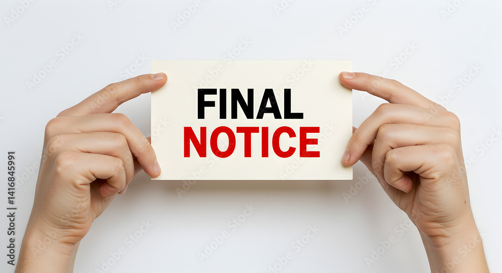 Final Notice Text on Card Held by Two Hands Against White Background Final Notice Text on Card Held by Two Hands Against White Background