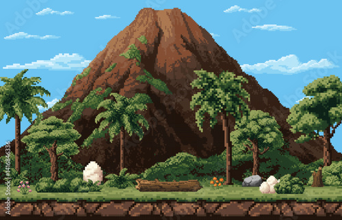 8 bit pixel art game background with dinosaur eggs on a jungle landscape with palm trees, rocks, flowers and volcano mountain under a blue sky. Vector layout for platformer or adventure video games