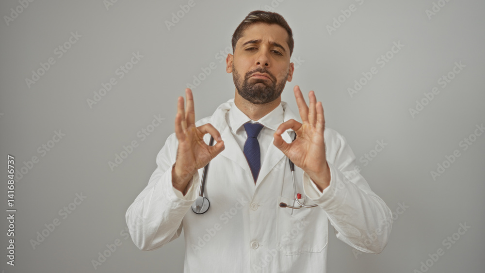 Young hispanic man doctor in white coat making okay gesture isolated on white background portrait medical professional confident expression handsome adult male person looking. Young hispanic man doctor in white coat making okay gesture isolated on white background portrait medical professional confident expression handsome adult male person looking.