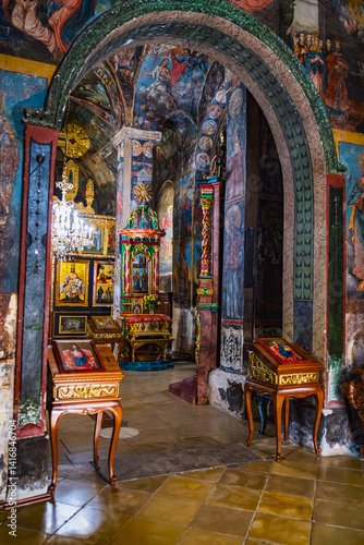 interior of old orthodox church in monastery from about 1500. - Serbia, Europe 