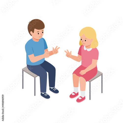 Two children playing rock paper scissors game sitting on chairs in flat style vector illustration