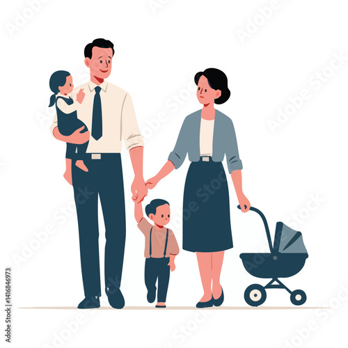 Formal Dressed Family Walking Together with Stroller Illustration Vector