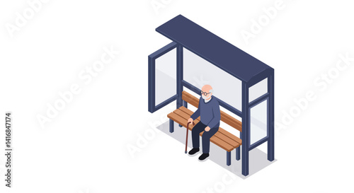 Elderly man sitting alone on wooden bench at minimalist bus stop shelter in isometric flat design vector illustration